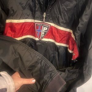 Vintage 1990’s Polo by Ralph Lauren Black Windbreaker with Red Stripe